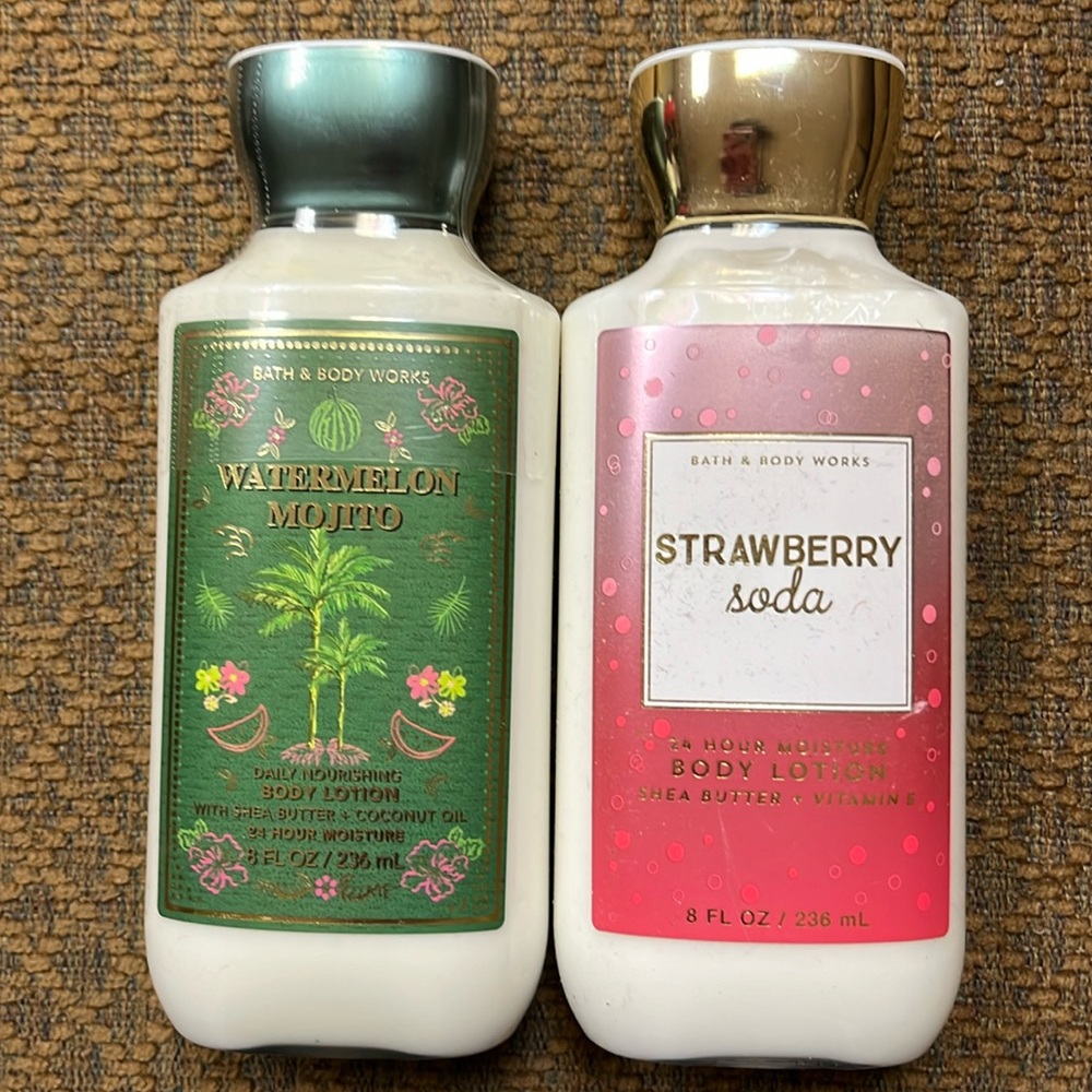 Two summer bath and body body lotions in strawberry soda and watermelon mojito